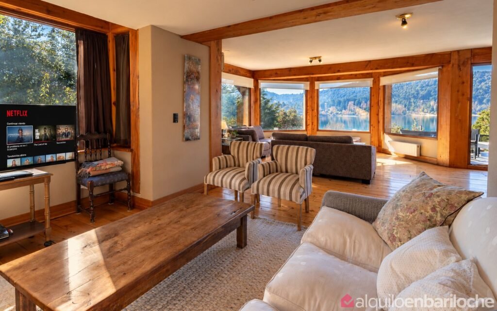Casa con costa, playa y vista panorámica sobre el Nahuel Huapi, para 8