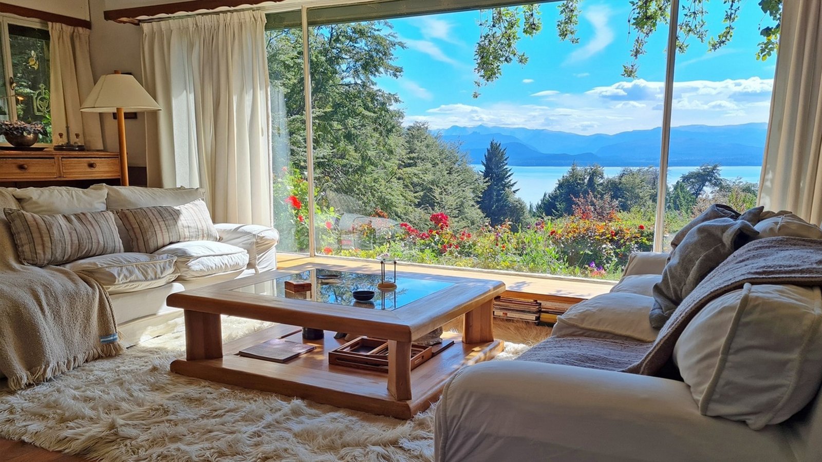 Living con ventanal panorámico y el lago Nahuel Huapi al fondo